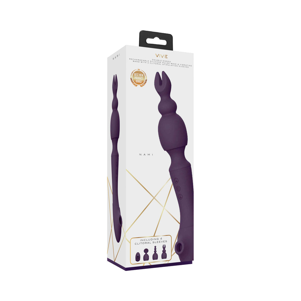 VIVE NAMI Rechargeable Dual-Ended Pulse Wave & Vibrating Silicone Wand With Interchangeable Sleeves Purple